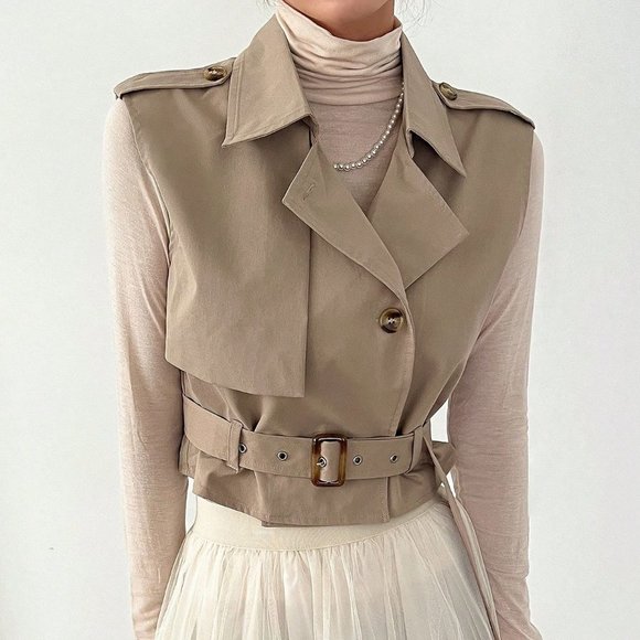 Khaki Casual Womens Lapel Neck Belted Vest Jacket - Picture 5 of 6